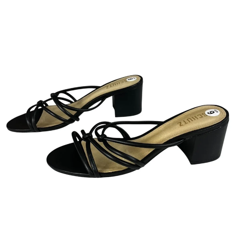 SCHUTZ Princey Black Leather Strappy Block Heel Slip On Sandals Womens Size 10.5